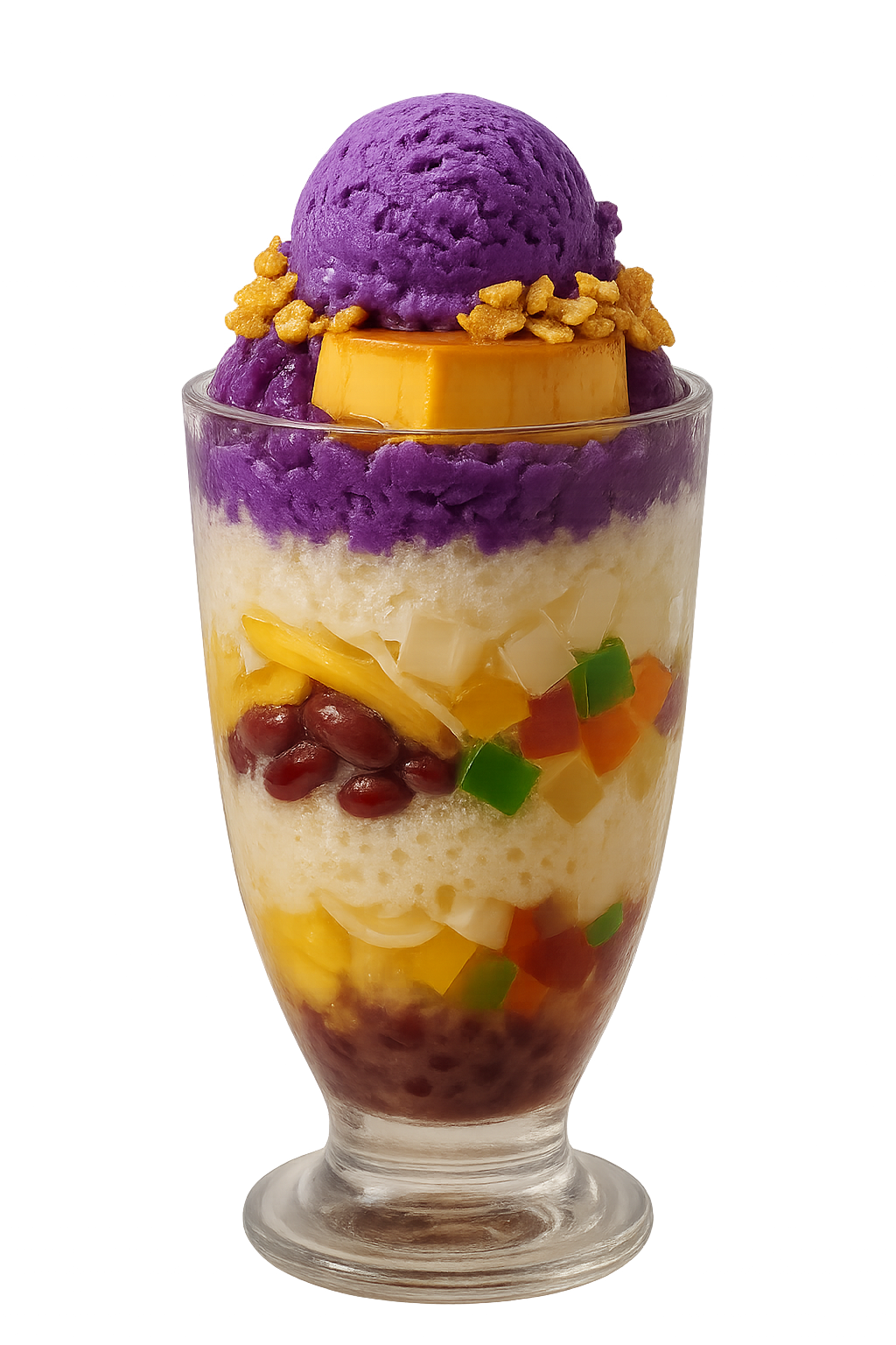 Filipiński deser halo-halo w wysokiej szklance, z wyraźnie widocznymi warstwami kolorowych galaretek, słodkich fasolek, jackfruita, nata de coco, shaved ice, ube halaya, leche flan oraz gałką fioletowych lodów ube i chrupiącymi płatkami na wierzchu; realistyczne food photography, idealne do promocji kuchni filipińskiej.