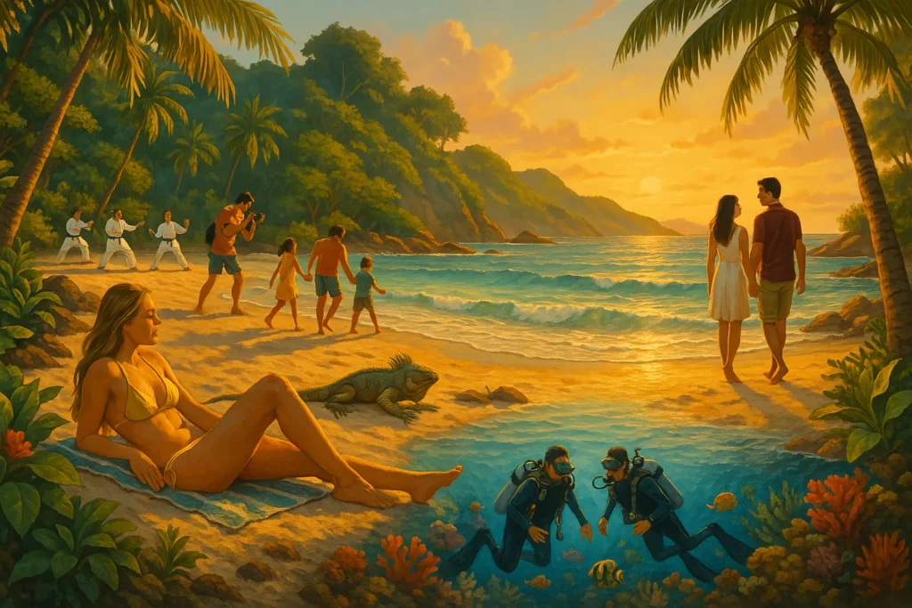 Tropikalna plaża o zachodzie słońca z plażowiczami, nurkami odkrywającymi rafę koralową, rodziną spacerującą przy brzegu, parą na romantycznym spacerze oraz grupą trenującą lokalne sztuki walki; idealne miejsce na wakacje, nurkowanie i rodzinny wypoczynek w otoczeniu egzotycznej przyrody.