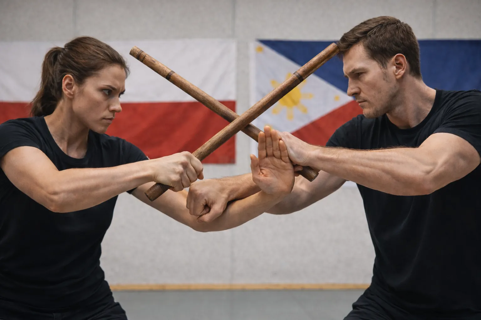 Dwóch ludzi walczy na kije w stylu filipino, intensywny trening.