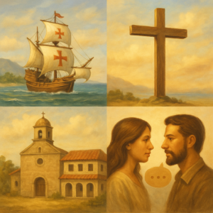 Cztery obrazki: statek hiszpański, krzyż katolicki, kościół katolicki, dwoje ludzi rozmawiających po hiszpańsku 