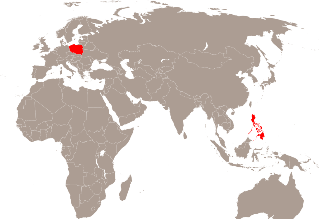 Mapa z znaczonymi kontrolerem czerwonym Polska i Filipny