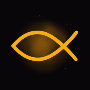 Modernistyczny chrześcijański symbol Ichthys w złotym kolorze na szarej, akwarelowej kompozycji