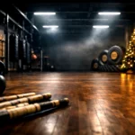 Pusta sala do ćwiczeń FMA i z zaświeconą choinka.