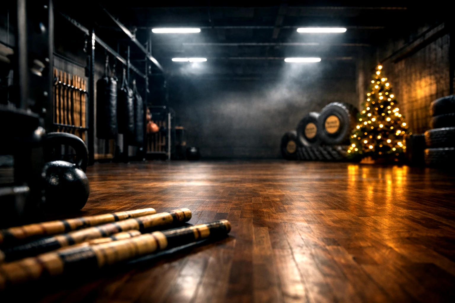 Pusta sala do ćwiczeń FMA i z zaświeconą choinka.